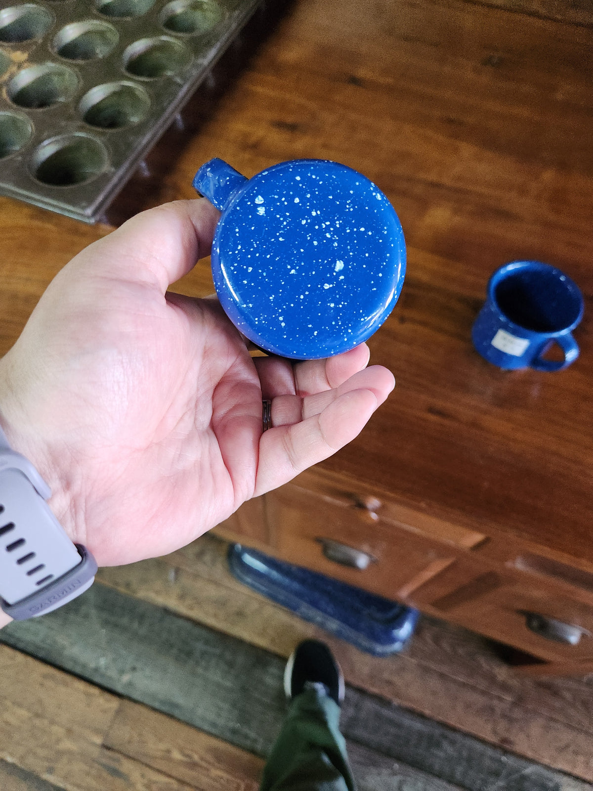 Blue Speckled Small Coffee Cup Enamel Ware