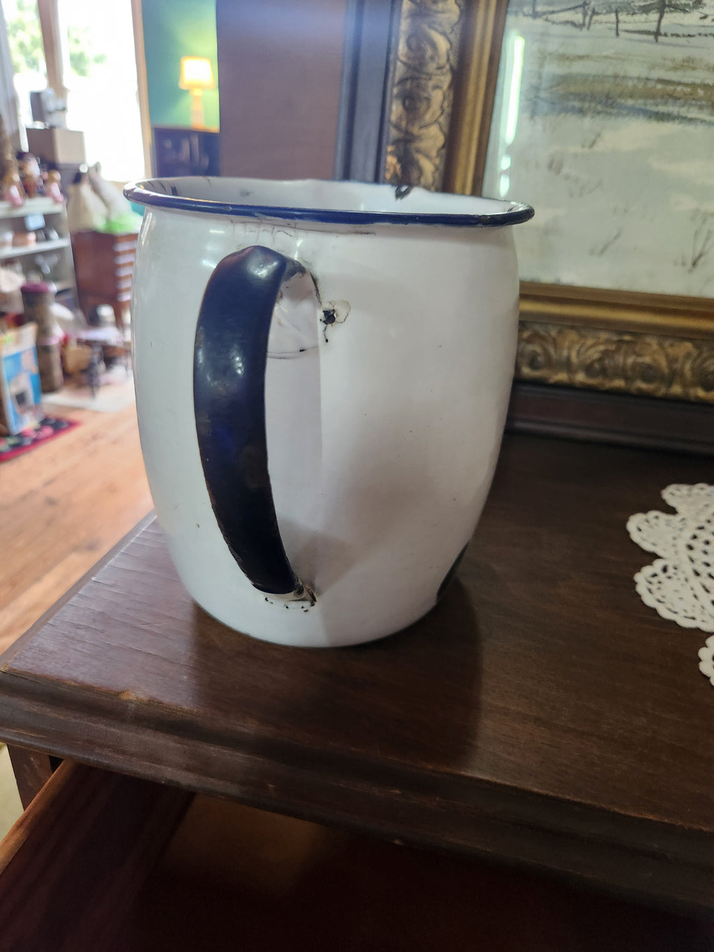 Vintage White Enamelware Milk Pitcher