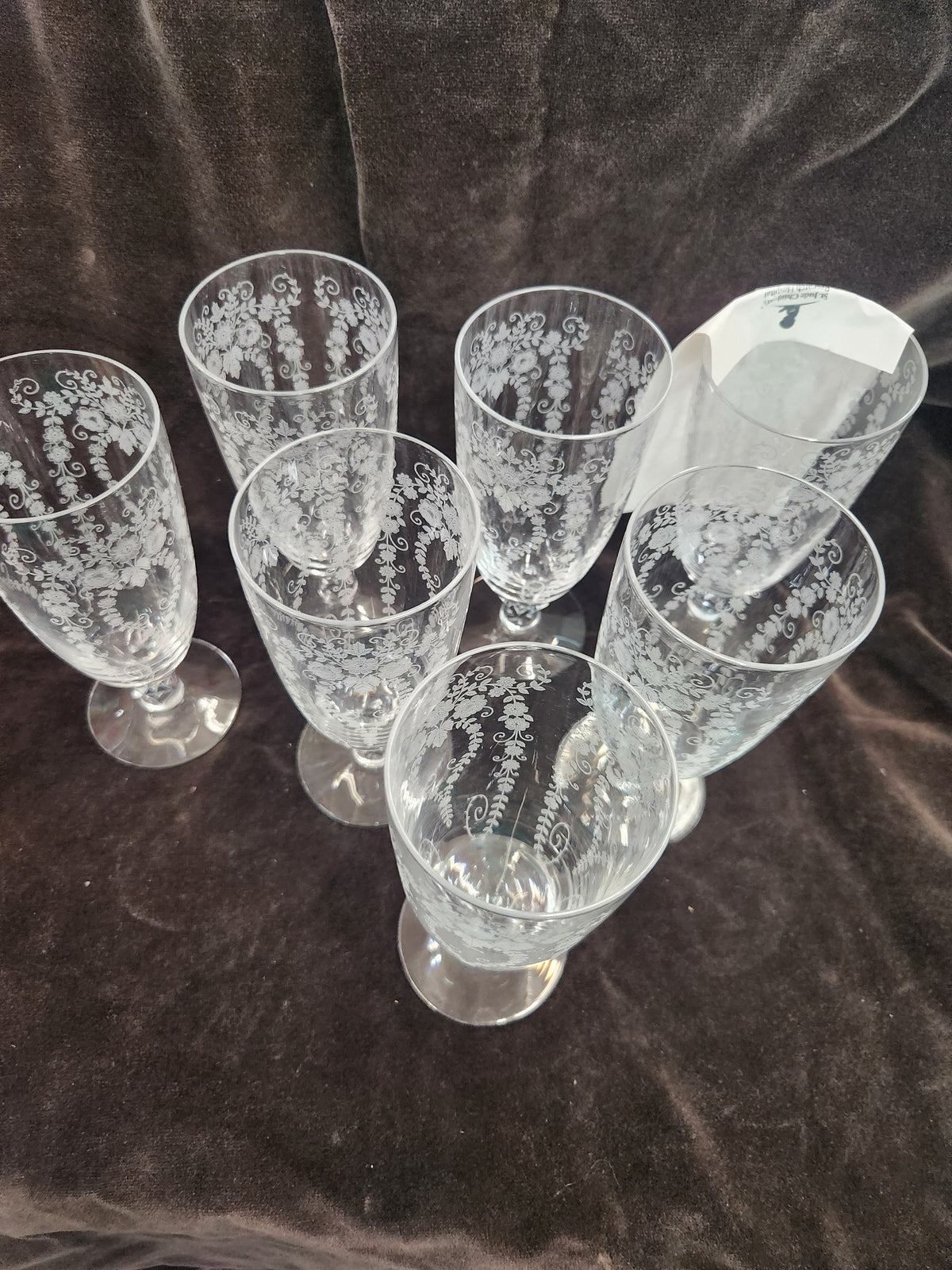 7 Vintage Fostoria Chintz Etched Crystal Stemware Featuring Intricate Floral Pattern
