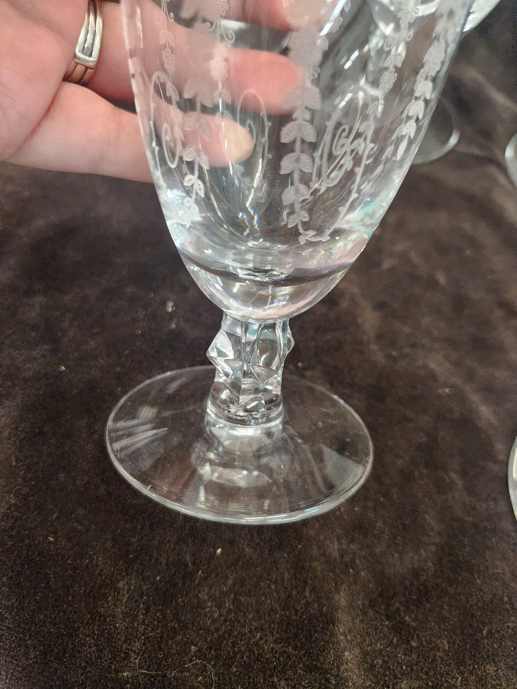 7 Vintage Fostoria Chintz Etched Crystal Stemware Featuring Intricate Floral Pattern