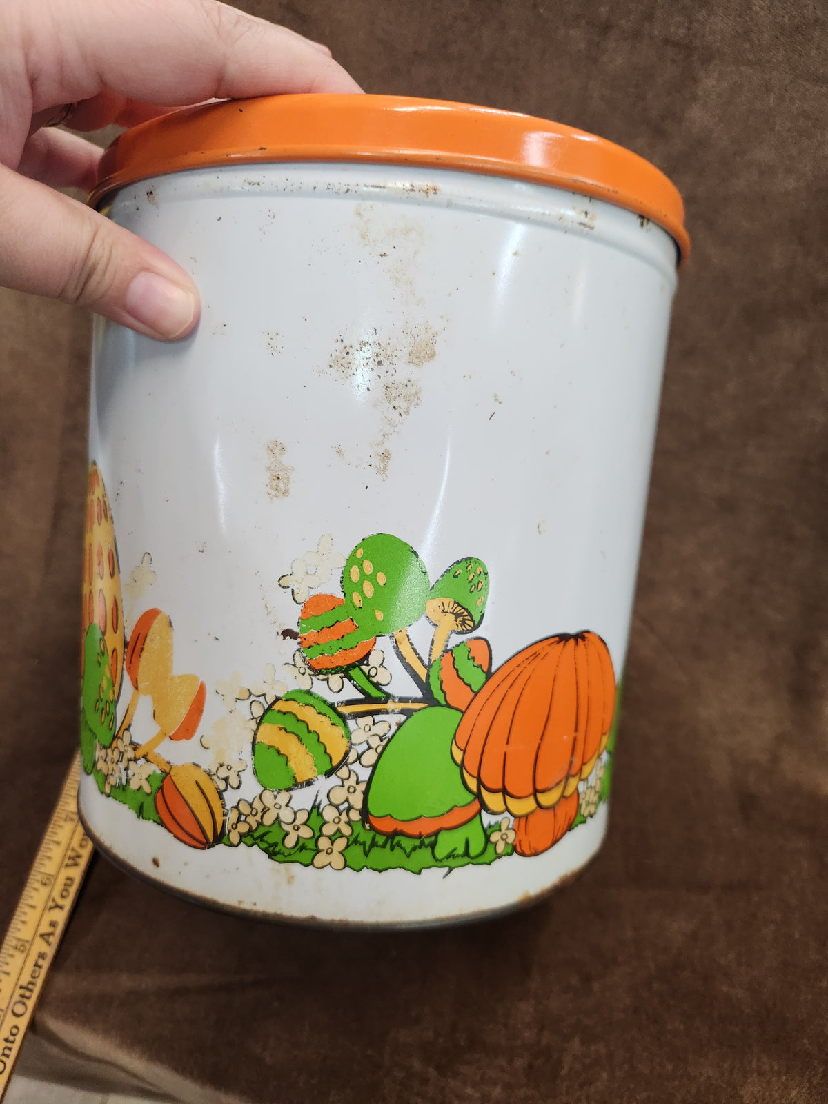 Vintage 70's Metal Kitchen Canister Ballonoff Mushrooms