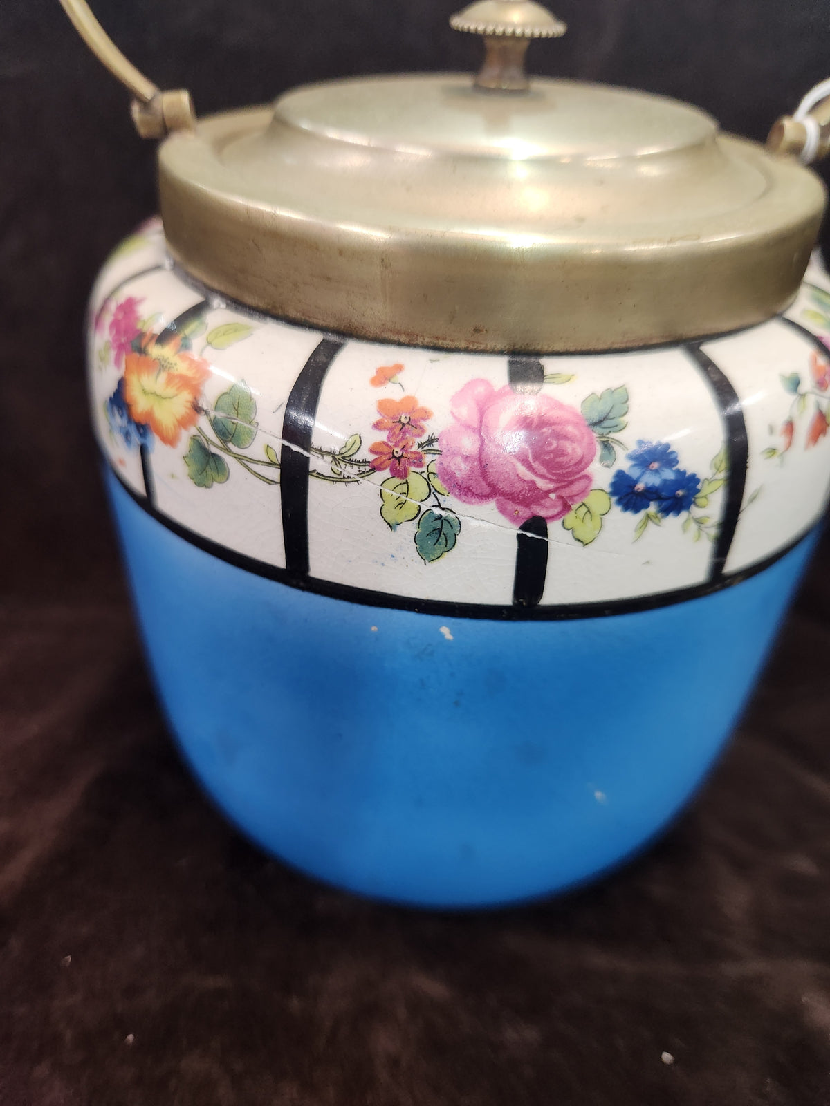 Antique English Ceramic Biscuit Barrel – Blue Floral Design with Brass Handle