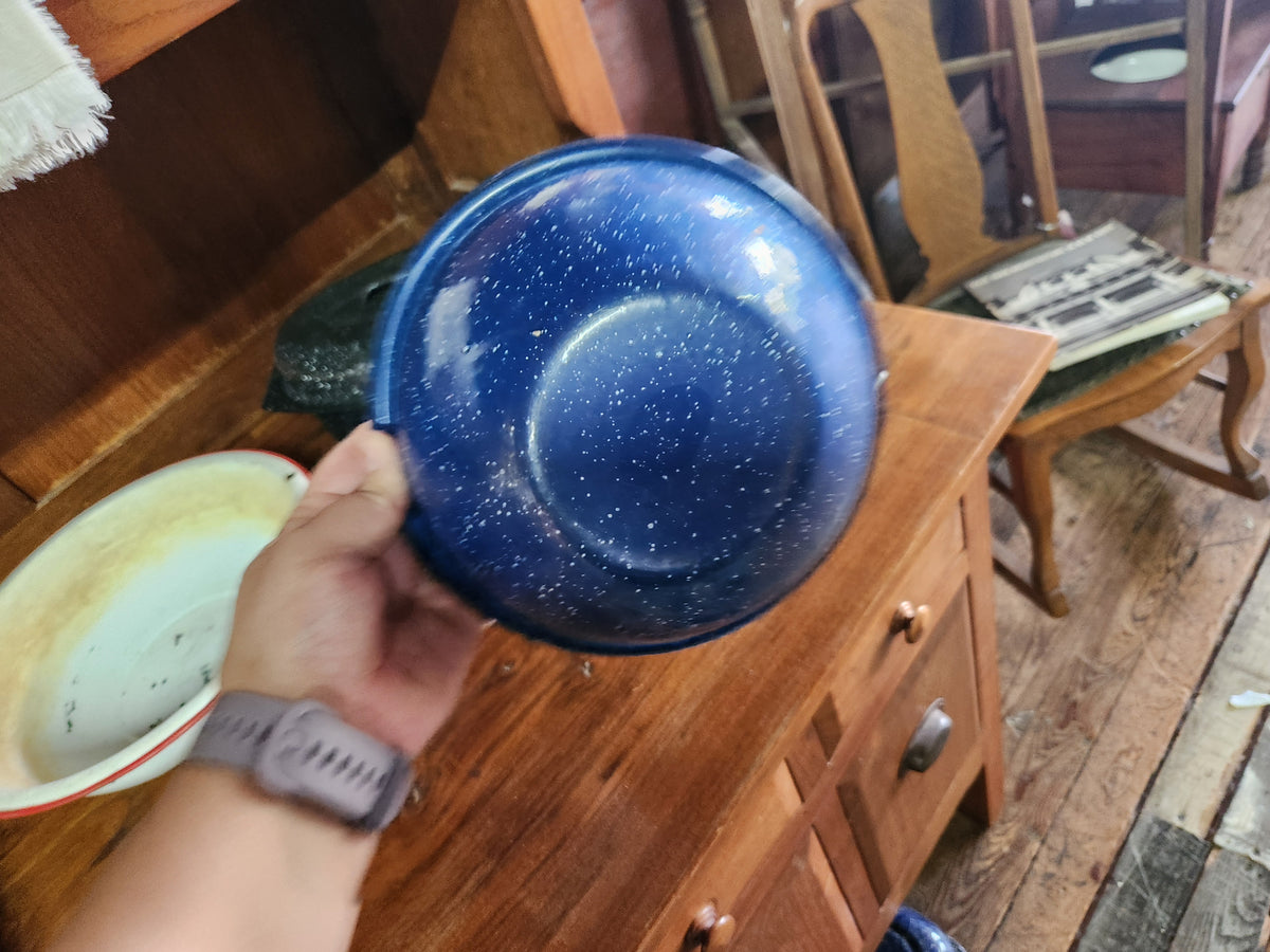 Vintage Blue & White Speckled Enamelware Bowl